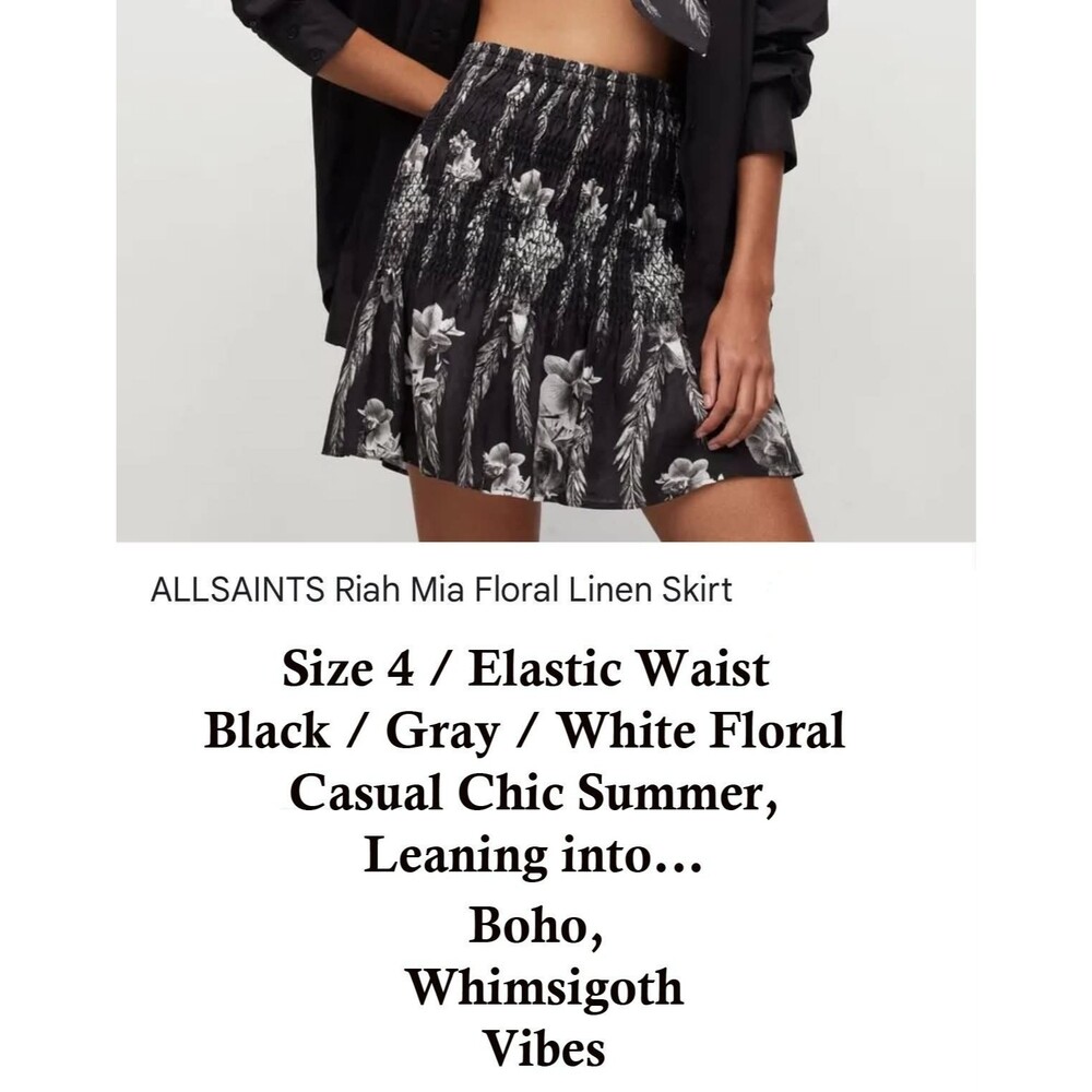 All Saints 100% Linen sz. 4 mini Skirt Riah Mia Dark Floral Casual Summer Chic